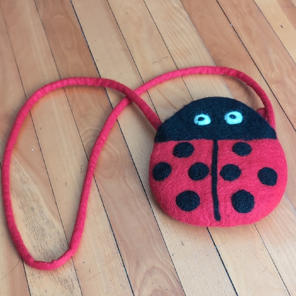 Tibetan Wool Red and Black Ladybug Crossbody Bag Zipper Closure